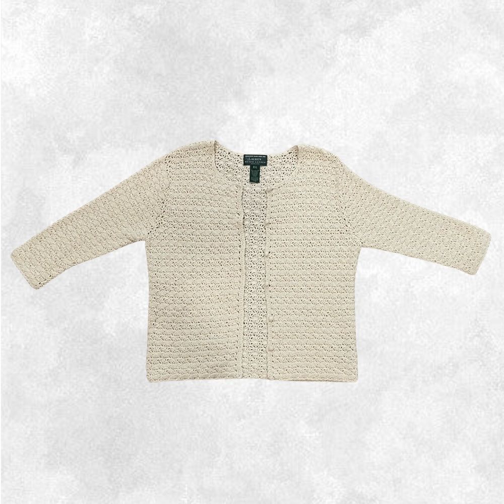 Vintage Exclusive Hand Knit Ralph Lauren Bright Cream 100% Cotton Cardigan